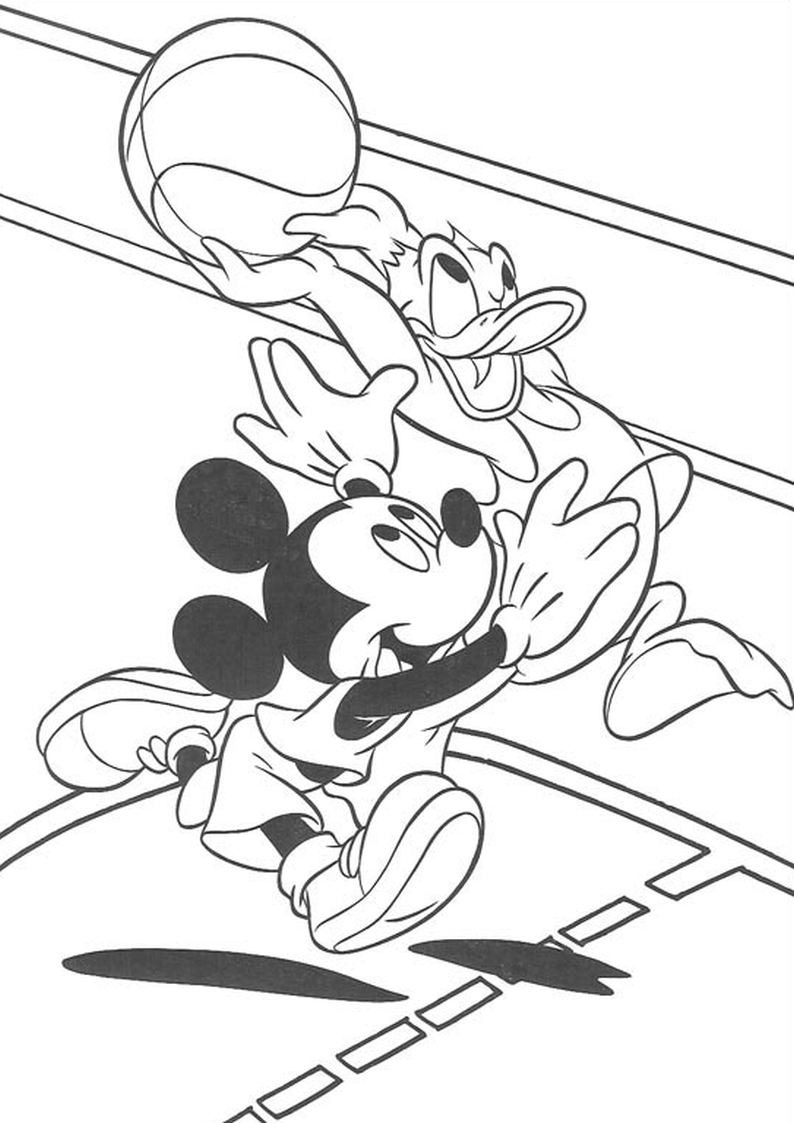 kolorowanka Myszka Miki i Kaczor Donald grają w koszykówkę, malowanka do wydruku dla dzieci nr 37